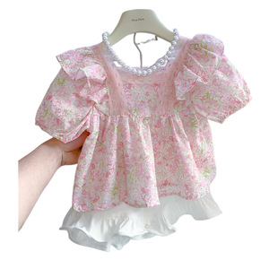 Tongxingyuan Girls Floral Short Sleeve Blouse Pink Lace Trim Summer 2025 Breathable Cotton Poplin Shirt - Product Image 5