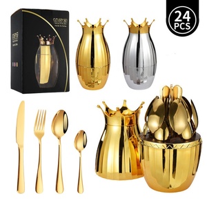 Ensemble de couverts en acier inoxydable doré de luxe, 24 pièces, élégant, en forme d'œuf, avec boîte cadeau - Product Image 1