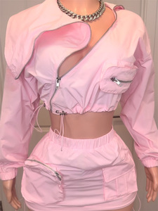 2025 Mùa Hè Mới Thời Trang Safari Phong Cách Phụ Nữ 2 Mảnh Thiết Lập Dài Tay Áo Dây Kéo Bay Tops + Hàng Hóa Mini Váy Phù Hợp Với - Product Image 2