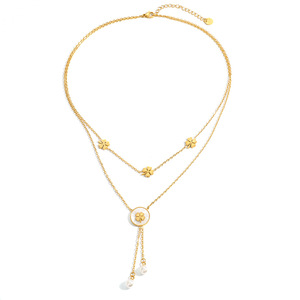 สร้อยคอรูปใบโคลเวอร์สี่แฉก ชุบทอง โลหะผสมสังกะสี สายคู่ ประดับมุก ของขวัญเครื่องประดับแฟชั่น - Product Image 4