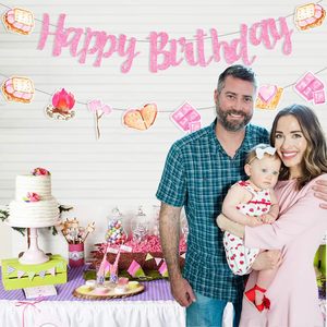 Guirnalda de <span class=keywords><strong>Feliz</strong></span> <span class=keywords><strong>Cumpleaños</strong></span> con Decoraciones Rosas para Fiestas de Niñas, Artículos para Fiestas Temáticas de Campamento - Product Image 3