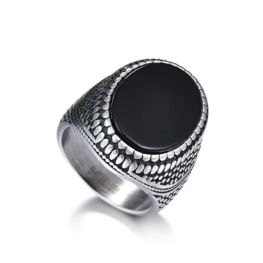 Cincin Onyx Hitam Akik untuk Pria, Cincin Tanda Tangan Retro Pengaturan Batu Hitam Baja Tahan Karat Perak Paling Populer