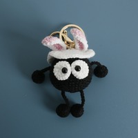 Porte-clés pendentif en peluche tricoté Amigurumi animal, mignon, fait main au crochet, 3D, avec gros yeux noirs, en forme de boule de charbon, breloque de sac, jouet