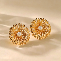 Boucles d'oreilles clous en cuivre plaqué or 18 carats, imitation perle creuse en forme de feu d'artifice, tendance, vintage, élégantes, grandes, pour femme, bijoux de fête, cadeau