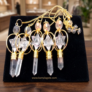 ลูกตุ้มโรสควอตซ์ธรรมชาติรูปดาวพร้อมปลายคริสตัลและสายโซ่ - Product Image 2