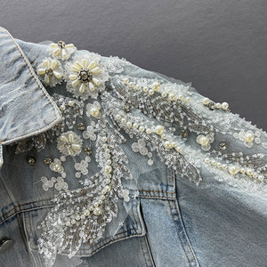 Vente en gros Nouvelle mode 2026 <span class=keywords><strong>Veste</strong></span> en jean pour <span class=keywords><strong>femme</strong></span> décontractée, perlée, unie, respirante, à simple boutonnage, à manches classiques, avec sequins - Product Image 4