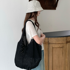 <span class=keywords><strong>Sac</strong></span> fourre-tout portable en tricot, grande capacité, tissé au crochet, ajouré, en maille, pour le shopping et les vacances - Product Image 5