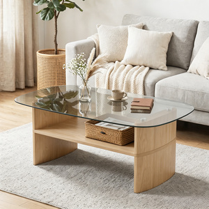 Oval Tempered Glass Coffee Table with 2-Tier <b>Storage</b> Shelf Curved Wooden Frame Center Tea Table Living Room Furniture - Product Image 1