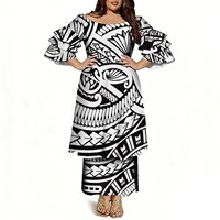Ensemble 2 pièces pour femmes grandes tailles, haut à manches évasées à volants, jupe longue, imprimé tribal polynésien violet noir, robe Samoa Puletasi