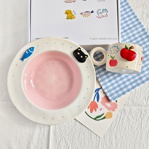 Lelyi Original Handgezeichnete Katzen-Apfel-Applikation Keramikbecher Unterglasur Niedliche Kaffeetasse Geschenkbecher - Product Image 2