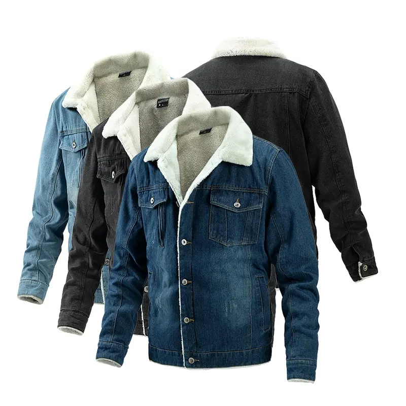 Yüksek kalite artı boyutu Mens Vintage ceket erkekler rahat % 70% pamuk Thinked polar astarlı düğme ön Trucker Denim ceketler