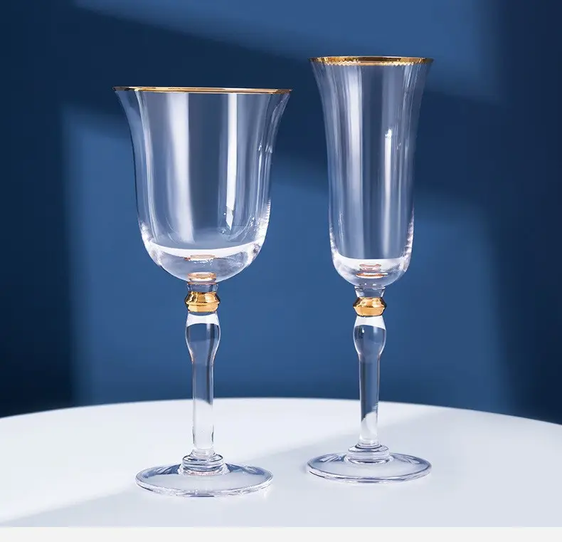 Bicchieri da calice da vino in vetro trasparente dal Design di lusso con finiture dorate, bicchieri da Champagne in cristallo Vintage