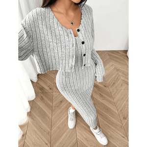 Ribbed <b>Knit</b> Dress <b>Set</b> With Cropped Cardigan Khaki Asian S(44) Women's Sweater Outfit - Product Image 4
