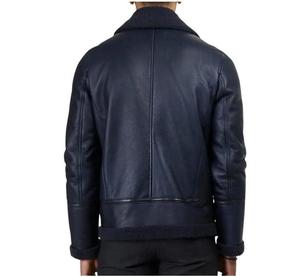 Veste bomber en cuir vintage bleu pour homme Icon Gilani, cuir véritable, col en peau de mouton, tissu en toile, fermeture éclair - Product Image 5