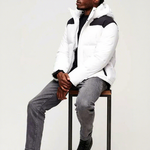 Men's <b>White</b> Hooded Puffer Jacket Windproof Casual <b>Winter</b> <b>Coat</b> Regular Fit Polyester Filling Zipper Closure Solid Color - Product Image 2