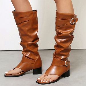 Bottes hautes d'été grande taille 48 pour femme, à bout ouvert, avec ceinture et boucles métalliques, talons carrés bas, fermeture éclair latérale - Product Image 2