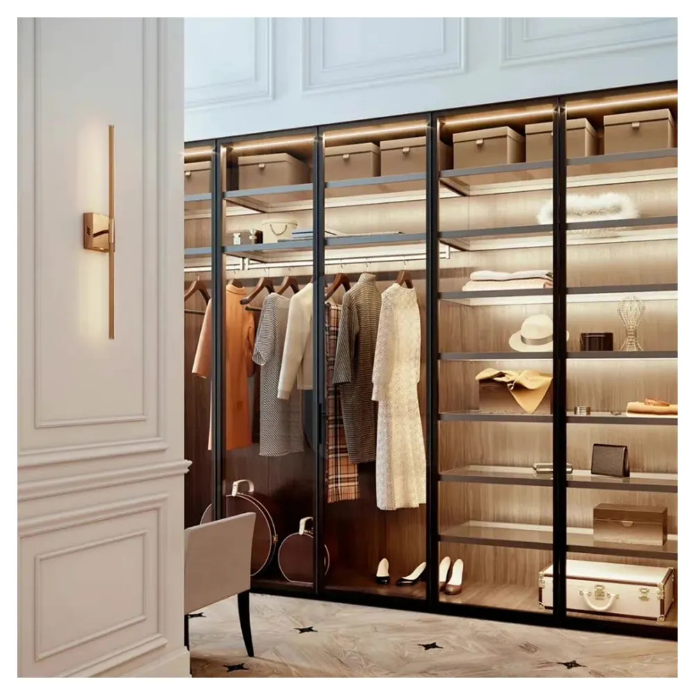 Manufacturer Supply Luxury Shaker Style Open Wardrobe with Hanging Rail and Thick Glass Shelves Glass Aluminum Frame Closet