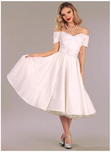 Boutique Vintage Off Shoulder Short Sleeves <strong>50s</strong> Style Belted Jacquard Swing <strong>Dress</strong> for Women - Product Image 4