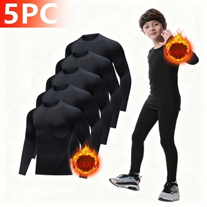 Paquete de 5 Camisetas Térmicas de Compresión para Niños y Niñas, Forradas de Felpa, Cuello Redondo, Capa Base Deportiva, Camiseta Interior - Product Image 2