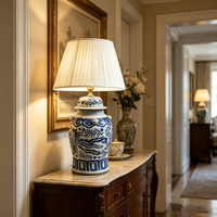 Lampe de style antique Phénix Chinoiserie, lampe de table en pot de gingembre bleu et blanc pour console de salon