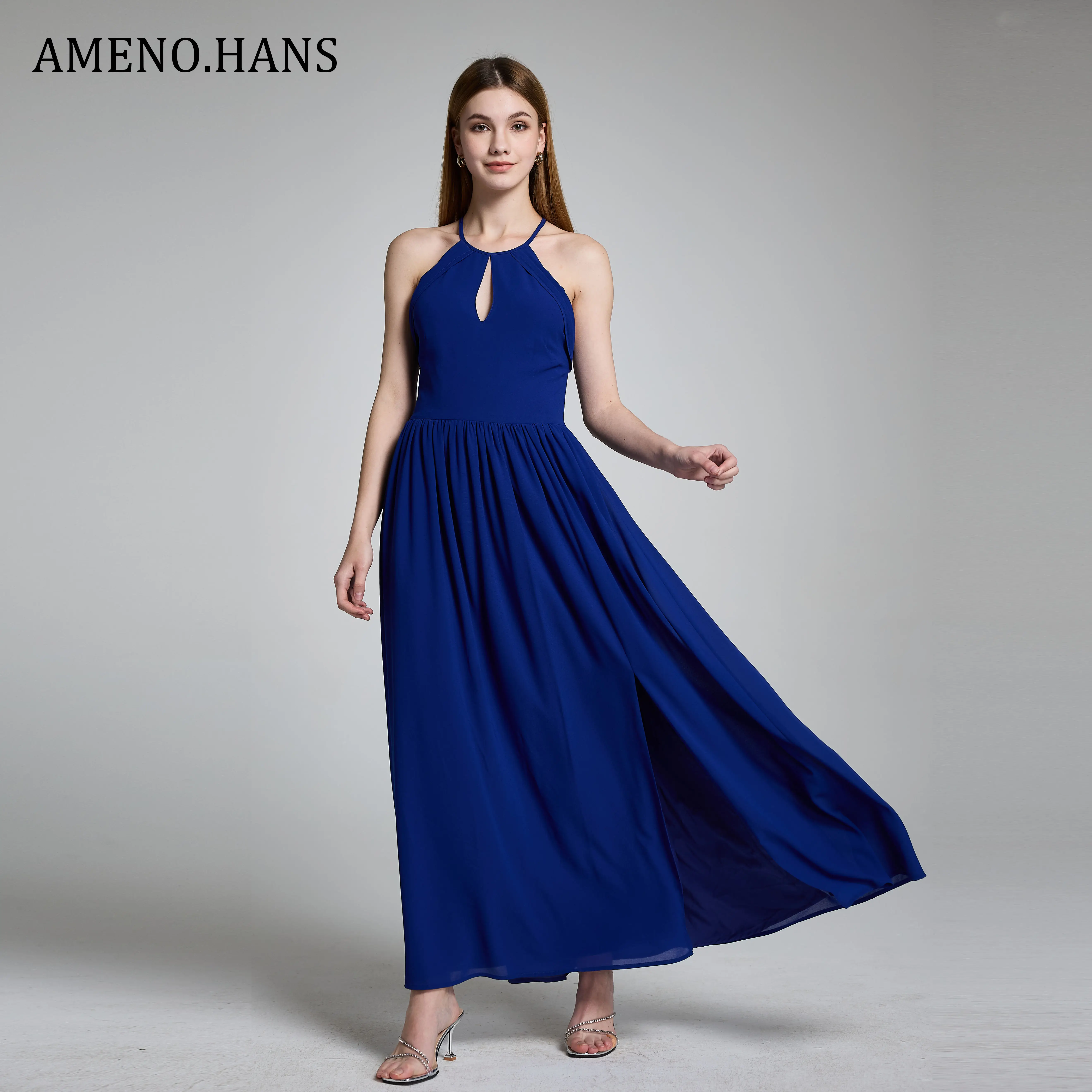 A-line Straps Blue Long Evening Gowns Formal Chiffon Customized High Waist Sexy Solid Color Maxi Dress