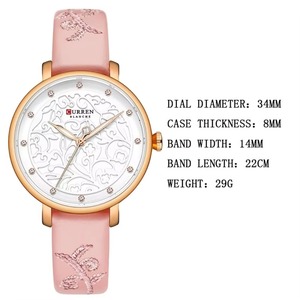 Montre à quartz vintage pour femme, style sport, broderie florale, boîtier en alliage or rose, bracelet en cuir rose, cadran diamanté, élégante pour tenue habillée - Product Image 6