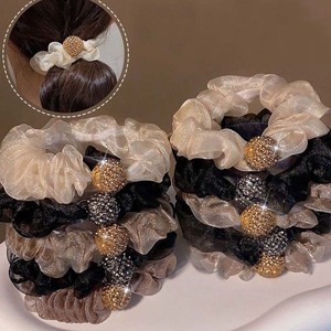 Élastique à cheveux en maille avec strass, bande élastique plissée pour femmes, style haut de gamme, usage quotidien, chouchous, été 2024 - Product Image 1