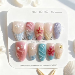 Unghie finte a pressione con conchiglie oceaniche in 3D, forma a mandorla, rosa pastello, blu, frangipani dipinti a mano, punte per unghie finte riutilizzabili per la spiaggia - Product Image 2