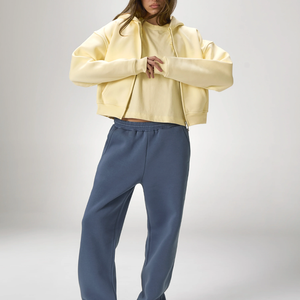 Minimalist Women Pastel Yellow Cropped <b>Zip</b> Up Hoodie Oversized Soft Fleece Full <b>Zip</b> <b>Hooded</b> Jacket Street Loungewear Outer Top - Product Image 3