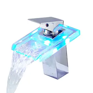 LED瀑布水龙头冷热水浴室水槽温度控制彩色发光水晶玻璃水龙头水龙头