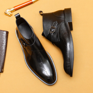 Winter genuine leather British-style engraved business formal high-top leather shoes, <b>pointed</b> toe men's short boots - Product Image 3