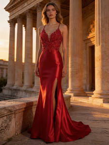 Robe de bal en satin brodée de dentelle et strass, fente haute, pour banquet, <span class=keywords><strong>demoiselle</strong></span> <span class=keywords><strong>d</strong></span>'<span class=keywords><strong>honneur</strong></span>, soirée, finition brillante ou mate, directement de l'usine - Product Image 1