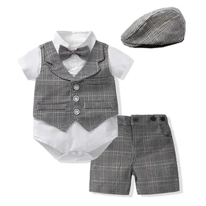 High Quality Gentleman Baby Boy Clothes Dummer Infant Baby Boutique Gary Vest Suit Hat Sets 2024 Newborn Baby Rompers Outfit