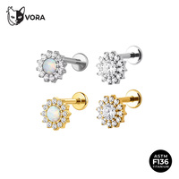 Vente en gros usine – Labret en titane ASTM F136 sans filetage, motif tournesol, dos plat, opale et zircone cubique pour piercing hélix et tragus