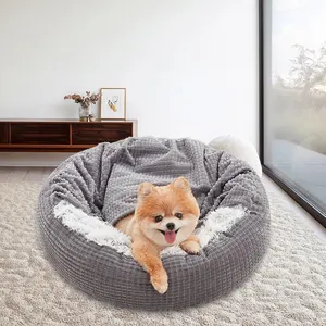Непревзойденное удобное покрывало для собаки с пончиком для глубокого сна, теплая моющаяся круглая кровать для собаки и кошки с капюшоном