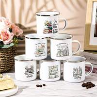 Vente en gros usine – Tasse à café/thé en émail métallique réutilisable avec logo personnalisé, bord roulé, en acier, pour camping, avec poignée