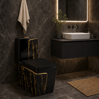 WC monobloc en céramique noire effet marbre, avec décorations dorées pour salle de bain de luxe