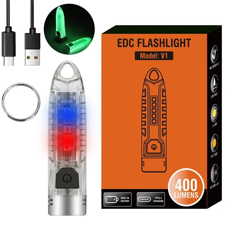 Boruit V1 High Power 400LM Keychain Flashlight EDC Type-c Rechargeable Xpg2 Mini Led Torch Light Flashlight UV Pocket Lantern