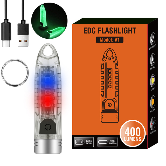 Boruit  V1 High Power 400LM Keychain Flashlight EDC Type-c Rechargeable Mini Led Torch Light Flashlight UV Pocket Lantern