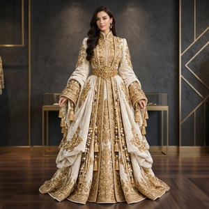 Elegant Embroidered Faux Fur Modest <b>Abaya</b> <b>Dress</b> Stand Collar Long Sleeve Floor Length Geometric Pattern Flared Hem Middle East - Product Image 3
