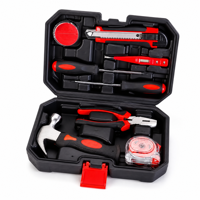Ensemble d'outils ergonomiques 9 pièces avec poignée caoutchoutée, marteau, pinces, ruban à mesurer, couteau à découper, testeur de tension, tournevis, étui de transport, kit de bricolage