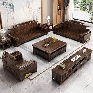 Juego de sofás de madera maciza de ébano estilo chino en forma de U con almacenamiento, muebles para sala de estar con uniones de mortaja y tenón - Product Image 4