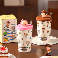 Gobelet en céramique Toy Story avec couvercle et paille 3D, personnages Woody, Bo Peep, Alien, grande capacité, pour café et eau