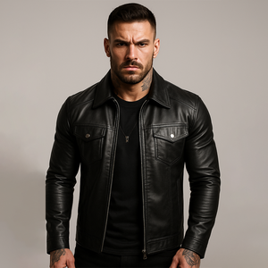 Chaqueta de Motociclista de Cuero Negra de Alta Calidad, Corte Ajustado, Talla Grande, con Bolsillos y Cierre de Cremallera para Hombre - Product Image 1