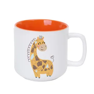 Novelty cute animal inner glazed outside matte white short flat bottom milk cup double sided ceramic stoneware mug for kids