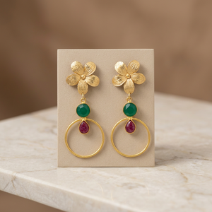 Pendientes Circulares de Rubí y Aguamarina con Forma de Flor, Pendientes de Piedras Preciosas Hechos a Mano, Chapados en Oro, Diseño Étnico Moderno para Bodas y Fiestas - Product Image 3