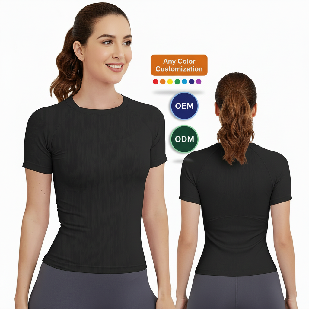 Custom Breathable Spandex Front Logo Simple Fashion Short Sleeve Top for Women's Fitness Yoga Gym Workout
