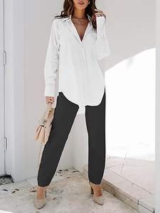 Camisas de <span class=keywords><strong>Mujer</strong></span>, <span class=keywords><strong>Blusas</strong></span> de Manga Larga, Túnicas Casuales Lisas, Tops con Bolsillos, 65% Algodón, 30% Tela Ancha, Lavables - Product Image 4