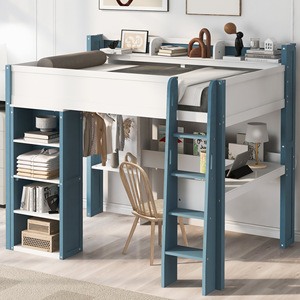 White Loft Bed With Desk And Storage <b>Shelf</b> Multi-Functional Bedroom Study Bed For Children Adults Elderly - Product Image 2