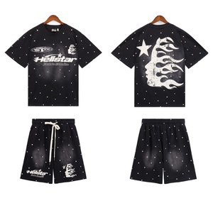 Conjunto de camiseta de manga corta y pantalones cortos de algodón lavado con estampado de letras y lunares de la marca de moda transfronteriza Hell Star para hombre, estilo casual urbano. - Product Image 6